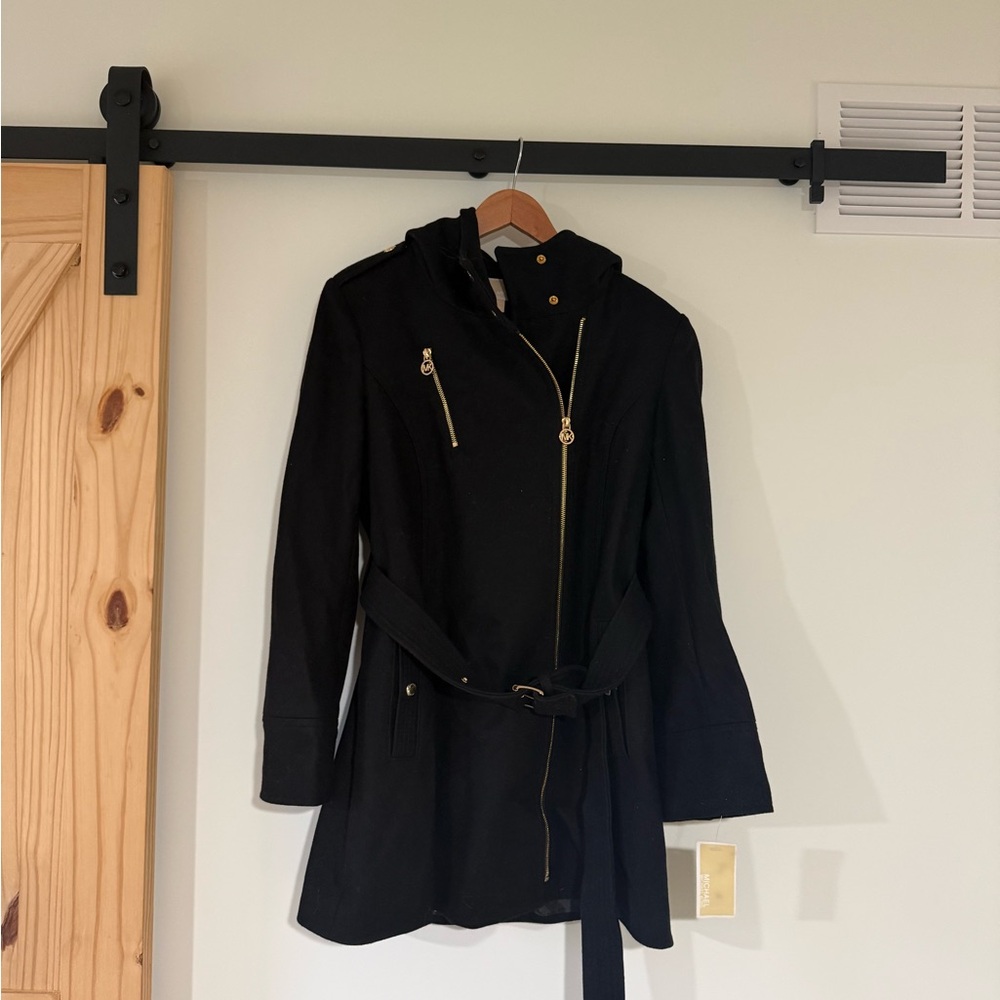 Michael Kors Black Trench Coat with Gold Accents